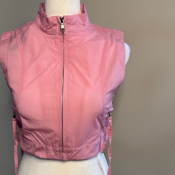 Waydamin Tops - Pink Cropped Zip Vest with Side Tie
